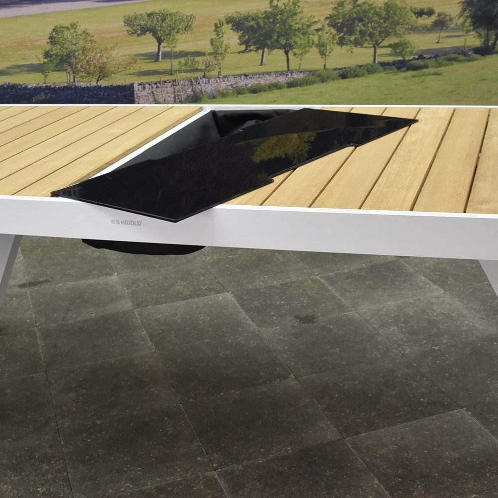 Higold York dining tuintafel 200x90xH75 cm aluminium wit teak - glass top Higold York dining tuintafel 200x90xH75 cm aluminium wit teak - glass top
