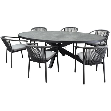 AVH-Collectie Ohio Apollo dining tuinset 241x116xH74 cm 7 delig antraciet keramiek