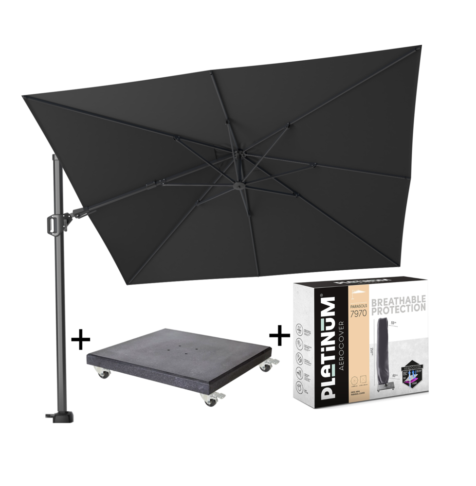 Platinum Challenger T2 300x300 cm antraciet met zwarte parasolvoet 120KG voet en hoes Platinum Challenger T2 300x300 cm antraciet met zwarte parasolvoet 120KG voet en hoes