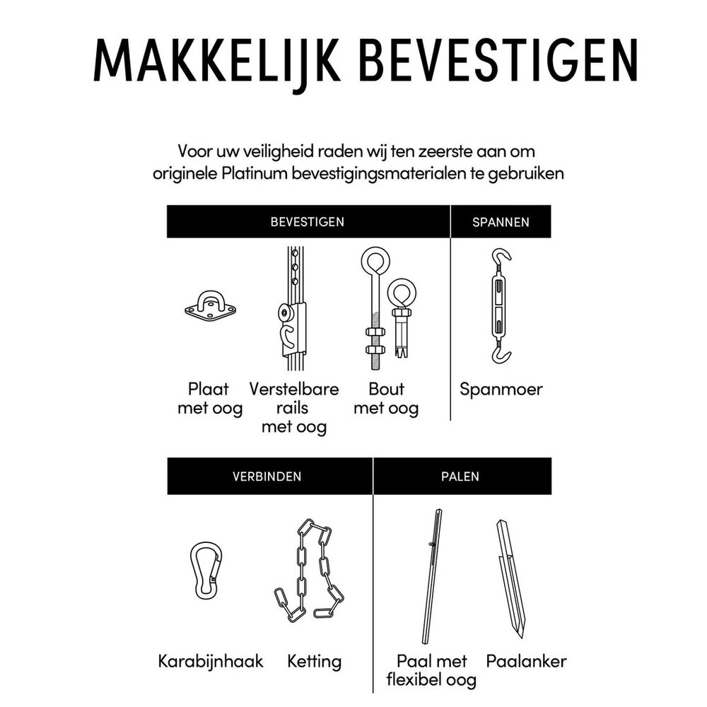 Platinum Platinum Sun & Shade bevestigingsset voor schaduwdoek vierkant en rechthoek Platinum Platinum Sun & Shade bevestigingsset voor schaduwdoek vierkant en rechthoek