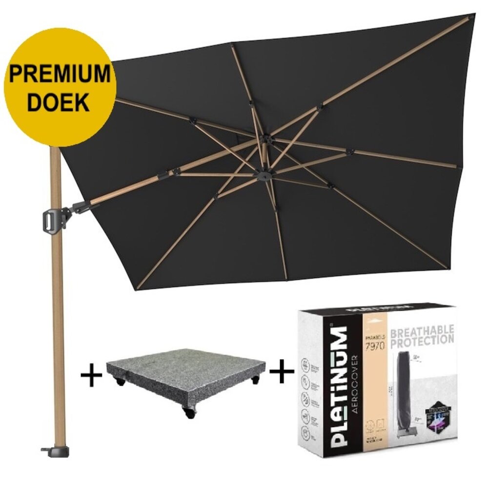 Platinum Challenger T2 premium zweefparasol 300x300 cm teak mast faded black met parasolvoet 90kg en hoes Platinum Challenger T2 premium zweefparasol 300x300 cm teak mast faded black met parasolvoet 90kg en hoes
