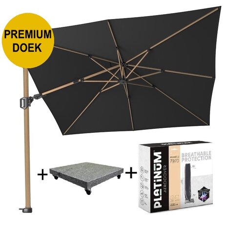 Platinum Challenger T2 premium zweefparasol 300x300 cm teak mast faded black met parasolvoet 90kg en hoes Platinum Challenger T2 premium zweefparasol 300x300 cm teak mast faded black met parasolvoet 90kg en hoes