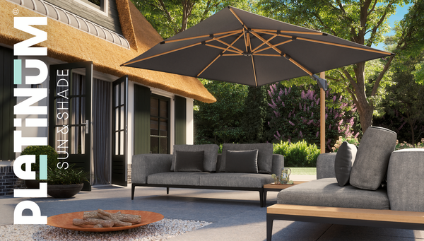 Platinum Challenger T2 premium zweefparasol 300x300 cm teak mast faded black met parasolvoet 90kg en hoes Platinum Challenger T2 premium zweefparasol 300x300 cm teak mast faded black met parasolvoet 90kg en hoes