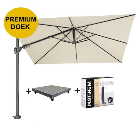 Platinum Challenger T2 premium zweefparasol 300x300 cm champagne met parasolvoet 90kg en hoes Platinum Challenger T2 premium zweefparasol 300x300 cm champagne met parasolvoet 90kg en hoes