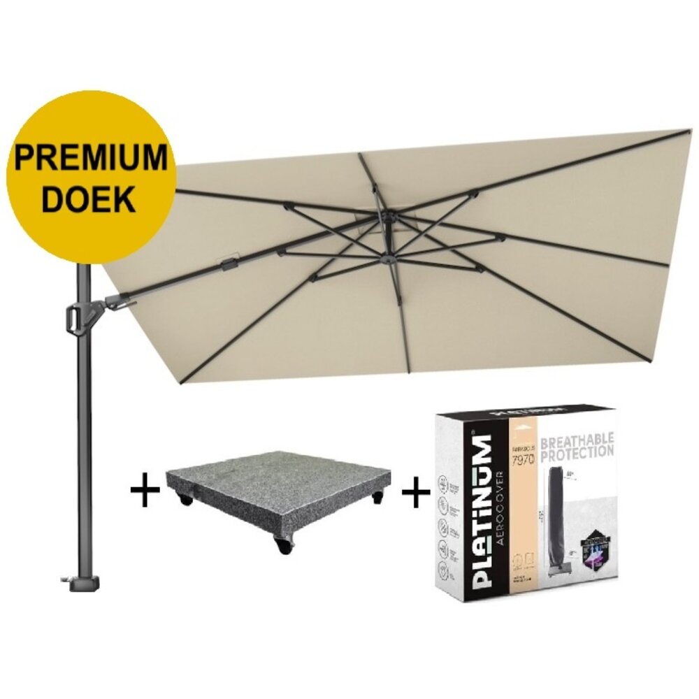 Platinum Challenger T2 premium zweefparasol 350x260 cm champagne met parasolvoet 90kg en hoes Platinum Challenger T2 premium zweefparasol 350x260 cm champagne met parasolvoet 90kg en hoes