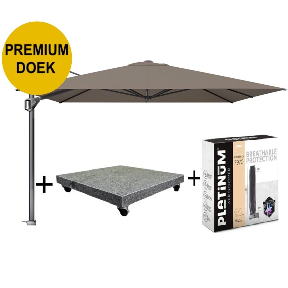 Platinum Challenger T1 premium zweefparasol 350x350 cm havanna met parasolvoet 120kg en hoes Platinum Challenger T1 premium zweefparasol 350x350 cm havanna met parasolvoet 120kg en hoes