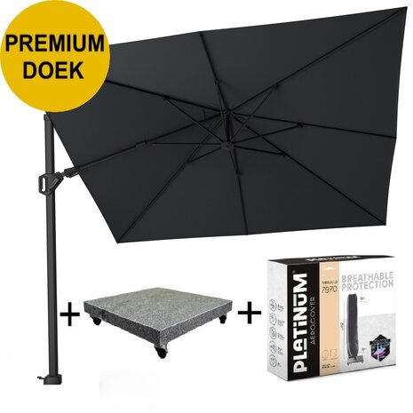 Platinum Challenger T2 premium zweefparasol 300x300 cm matt black mast jet black met parasolvoet 90KG voet en hoes Platinum Challenger T2 premium zweefparasol 300x300 cm matt black mast jet black met parasolvoet 90KG voet en hoes
