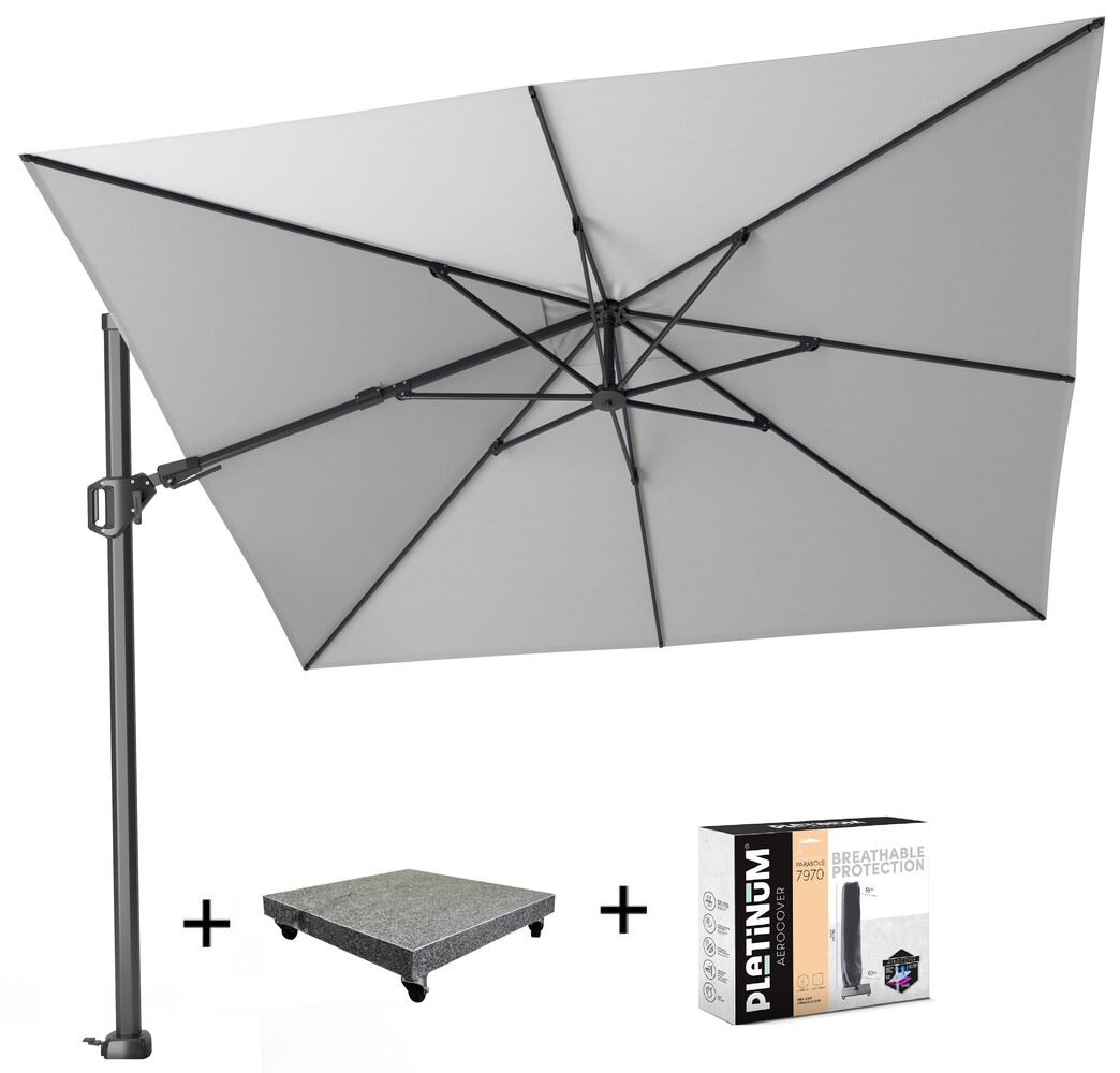 Platinum Challenger T2 zweefparasol 300x300 cm lichtgrijs met parasolvoet 90kg en hoes Platinum Challenger T2 zweefparasol 300x300 cm lichtgrijs met parasolvoet 90kg en hoes
