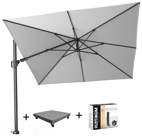 Platinum Challenger T2 zweefparasol 300x300 cm lichtgrijs met parasolvoet 90kg en hoes Platinum Challenger T2 zweefparasol 300x300 cm lichtgrijs met parasolvoet 90kg en hoes
