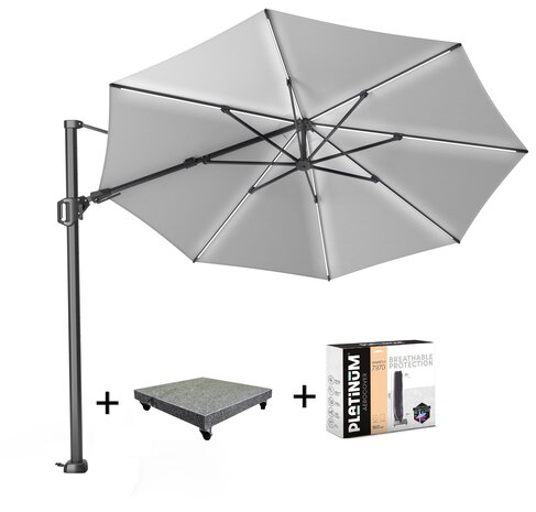 Platinum Challenger T2 glow zweefparasol 350 cm rond lichtgrijs met 120KG voet en hoes Platinum Challenger T2 glow zweefparasol 350 cm rond lichtgrijs met 120KG voet en hoes