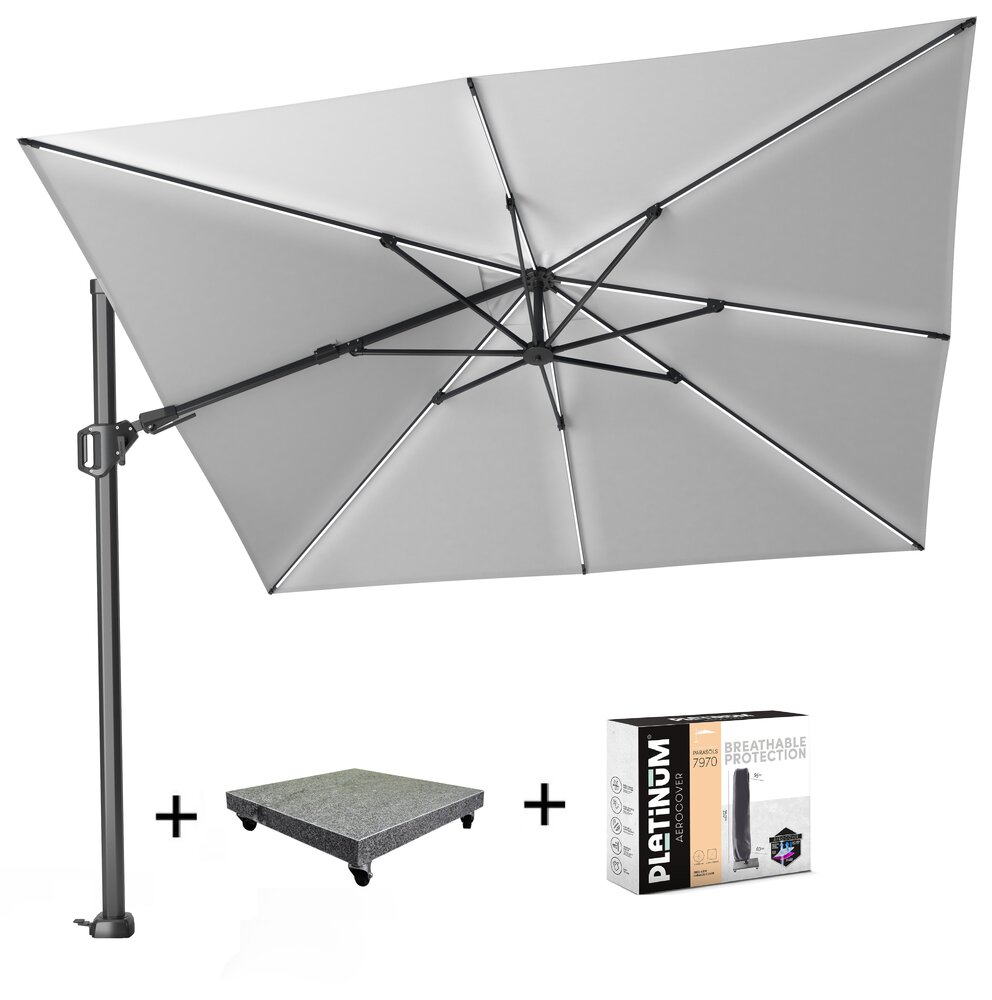 Platinum Challenger T2 glow zweefparasol 300x300 cm lichtgrijs met 120KG voet en hoes Platinum Challenger T2 glow zweefparasol 300x300 cm lichtgrijs met 120KG voet en hoes