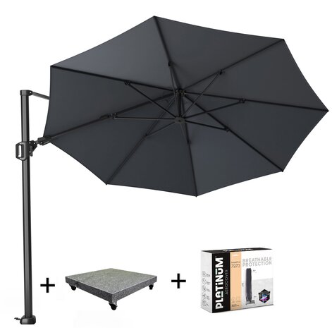Platinum Challenger T2 zweefparasol 350 cm rond antraciet met 90KG voet en hoes Platinum Challenger T2 zweefparasol 350 cm rond antraciet met 90KG voet en hoes