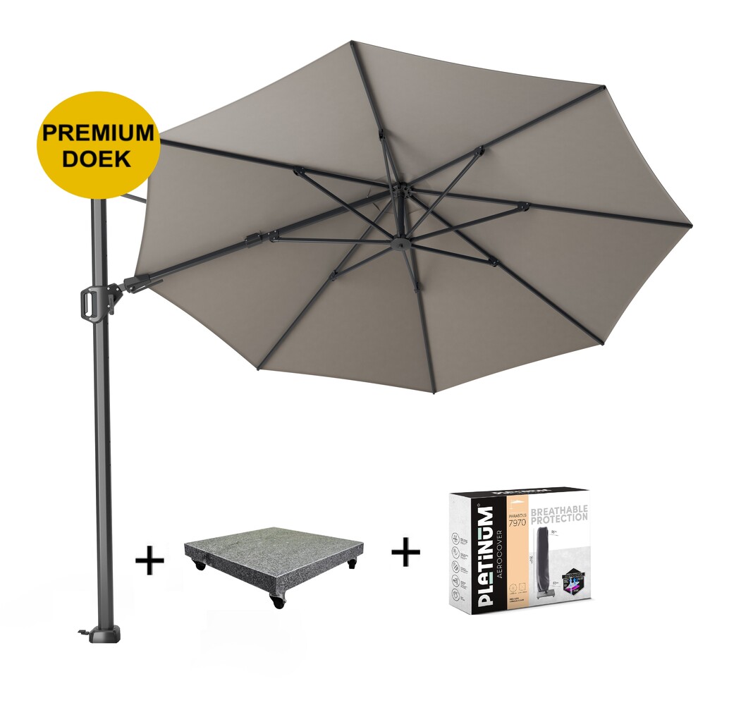 Platinum Challenger T2 premium zweefparasol 350 cm rond manhattan met 90KG voet en hoes Platinum Challenger T2 premium zweefparasol 350 cm rond manhattan met 90KG voet en hoes