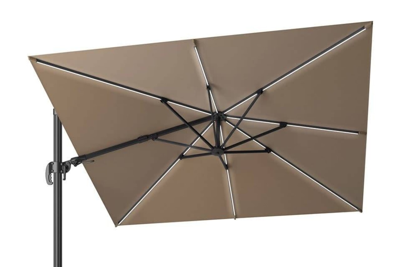 Platinum Challenger T2 glow zweefparasol 300x300 cm taupe met 90KG voet en hoes Platinum Challenger T2 glow zweefparasol 300x300 cm taupe met 90KG voet en hoes