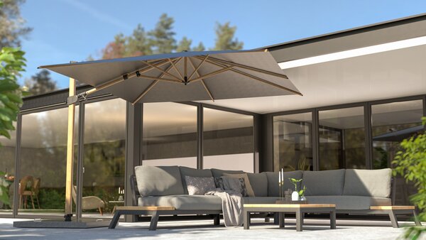 4 Seasons Outdoor Siesta premium zweefparasol 300x300 cm houtlook sand 4 Seasons Outdoor