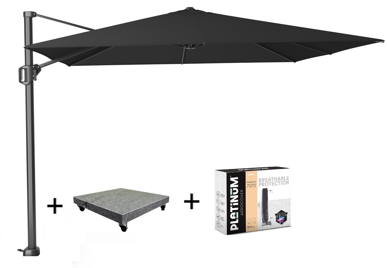 Platinum Challenger T1 zweefparasol 300x300 cm zwart met 90KG voet en hoes Platinum Challenger T1 zweefparasol 300x300 cm zwart met 90KG voet en hoes