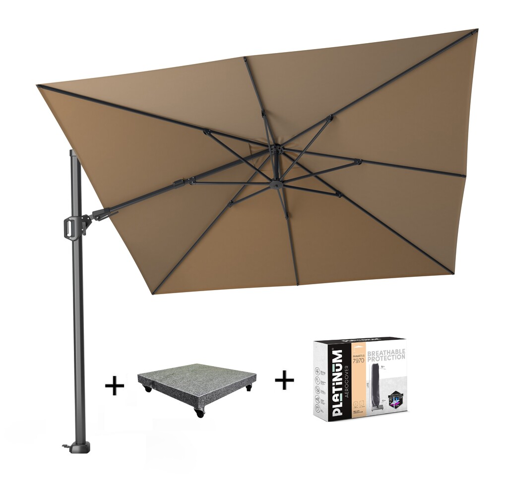 Platinum Challenger T2 zweefparasol 300x300 cm taupe met 90 KG voet en hoes Platinum Challenger T2 zweefparasol 300x300 cm taupe met 90 KG voet en hoes