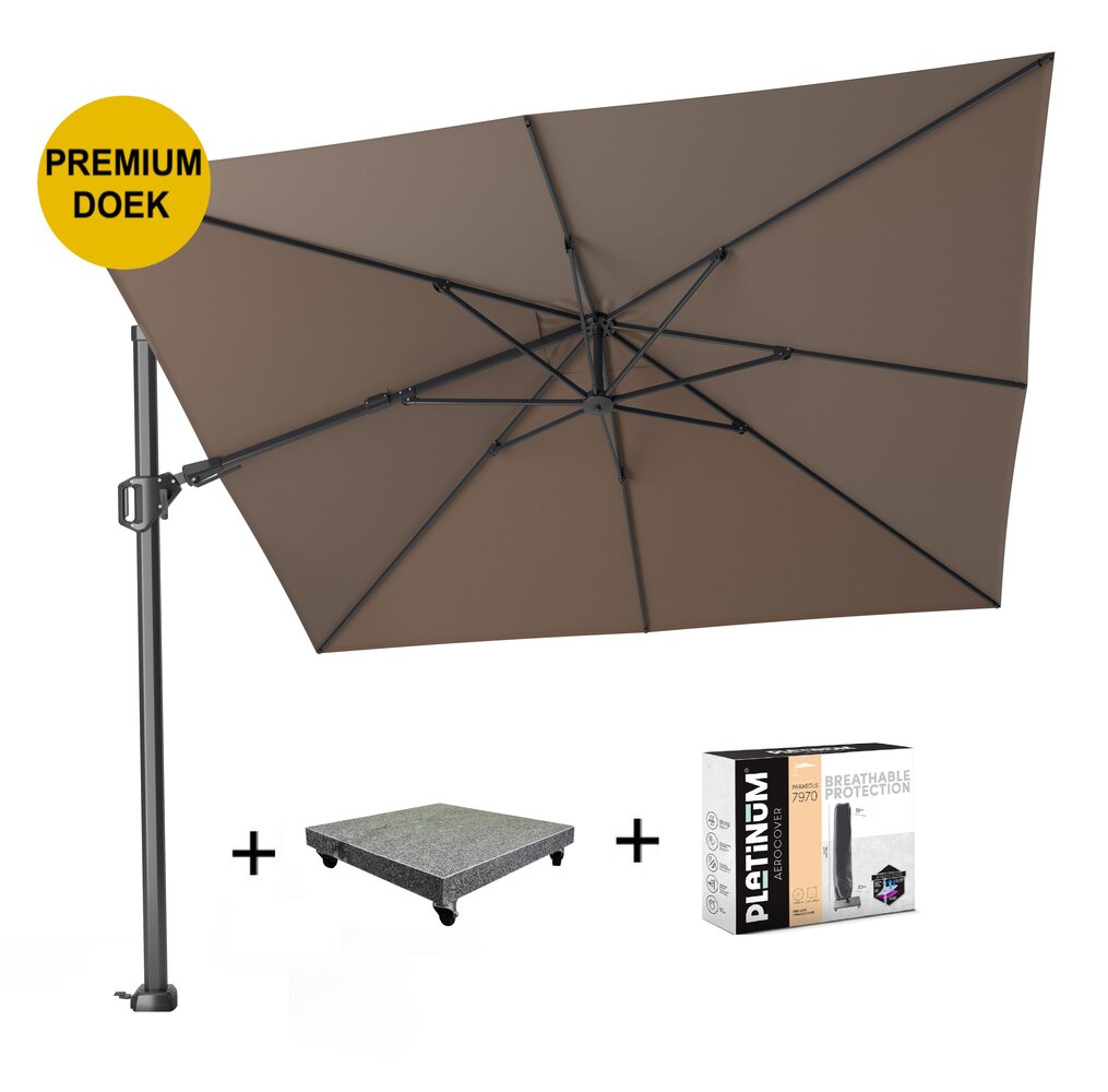 Platinum Challenger T2 premium zweefparasol 300x300 cm havanna met 90KG voet en hoes Platinum Challenger T2 premium zweefparasol 300x300 cm havanna met 90KG voet en hoes