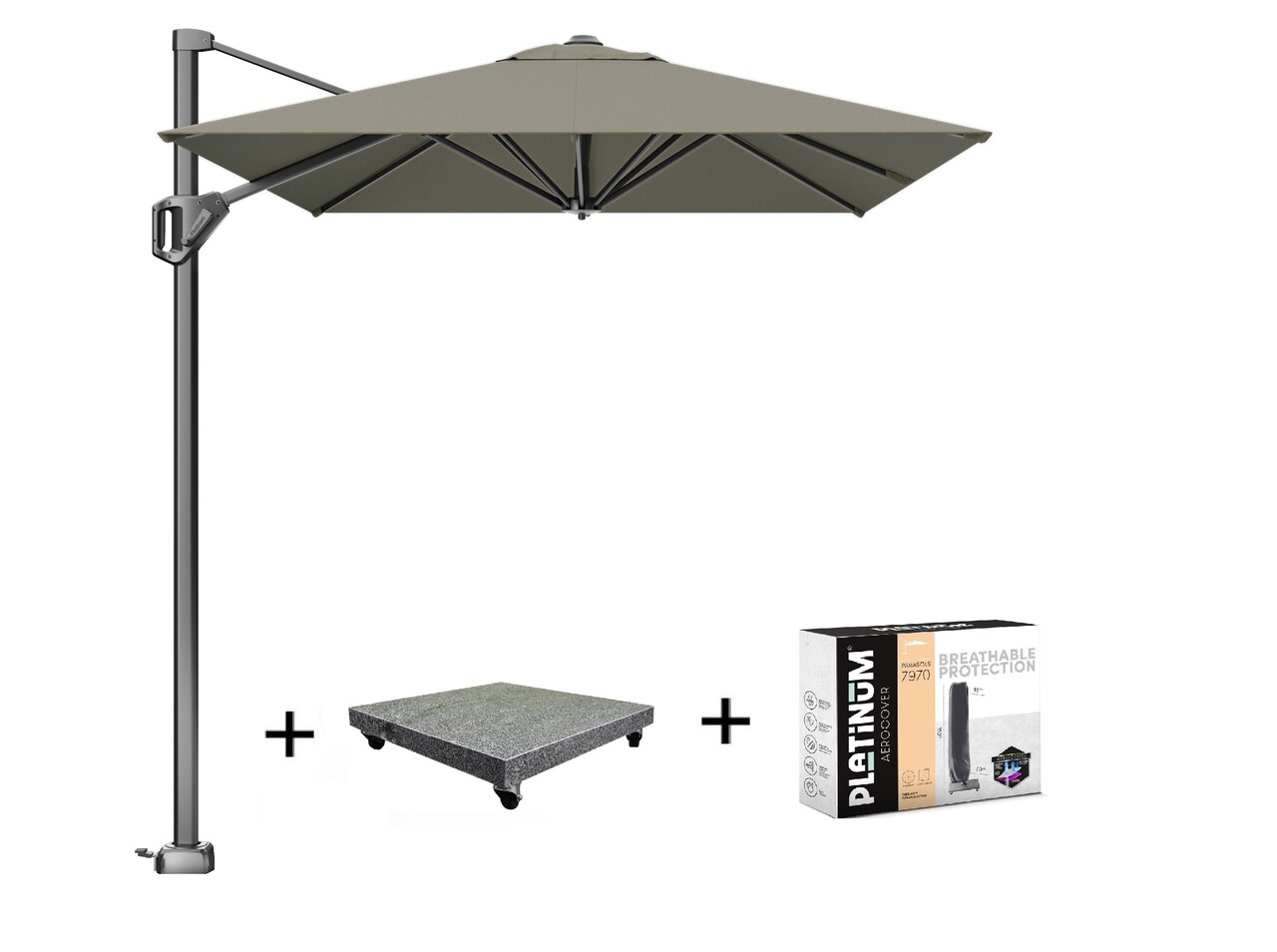 Platinum Voyager T1 zweefparasol 300x200 cm taupe met 75KG voet en hoes Platinum Voyager T1 zweefparasol 300x200 cm taupe met 75KG voet en hoes