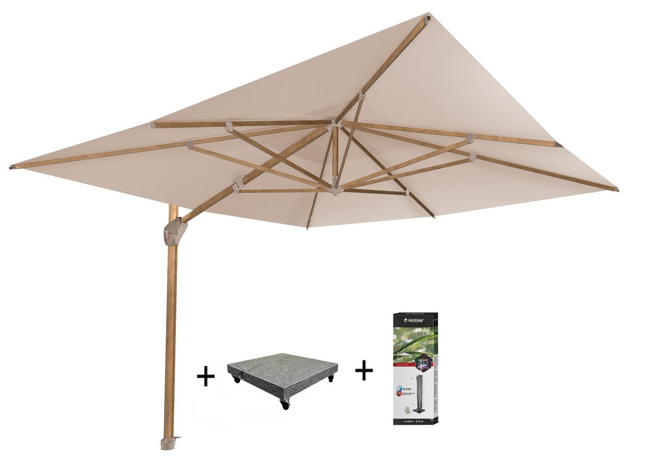 4 Seasons Outdoor Hacienda zweefparasol 300x400 cm houtlook zand 4 Seasons Outdoor met 120 KG voet en hoes