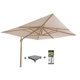 4 Seasons Outdoor Hacienda zweefparasol 300x400 cm houtlook zand 4 Seasons Outdoor met 120 KG voet en hoes