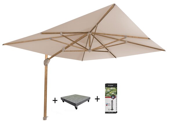 4 Seasons Outdoor Hacienda zweefparasol 300x400 cm houtlook zand 4 Seasons Outdoor met 120 KG voet en hoes