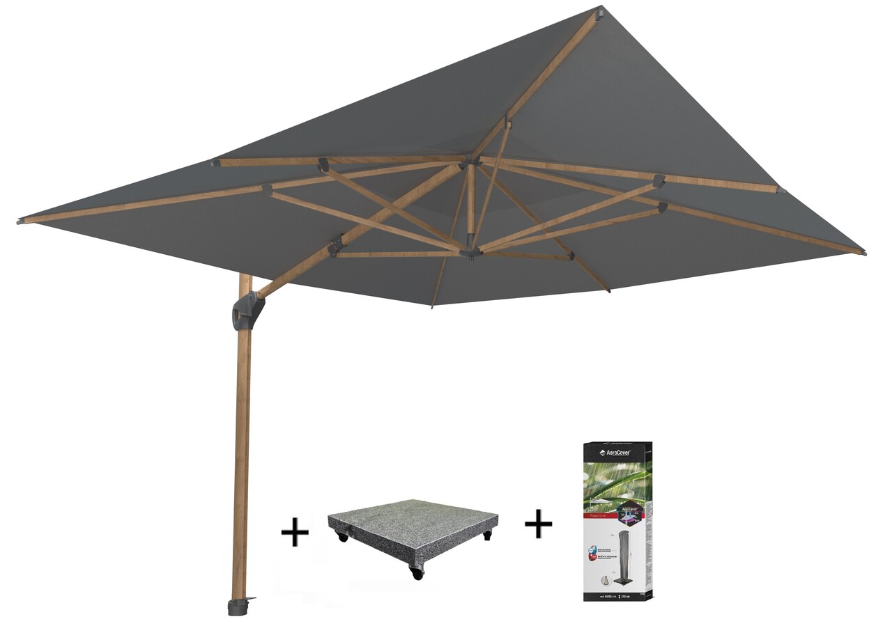 4 Seasons Outdoor Hacienda zweefparasol 300x400 cm houtlook frame charcoal 4 Seasons Outdoor met 125 KG voet en hoes