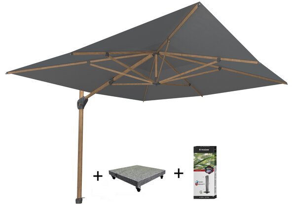 4 Seasons Outdoor Hacienda zweefparasol 300x400 cm houtlook frame charcoal 4 Seasons Outdoor met 125 KG voet en hoes