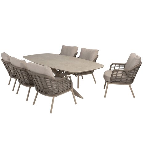 4 Seasons Outdoor Puglia Nevada low dining tuinset 250x105xH69 cm 7 delig latte met deens ovaal keramiek 4 Seasons Outdoor