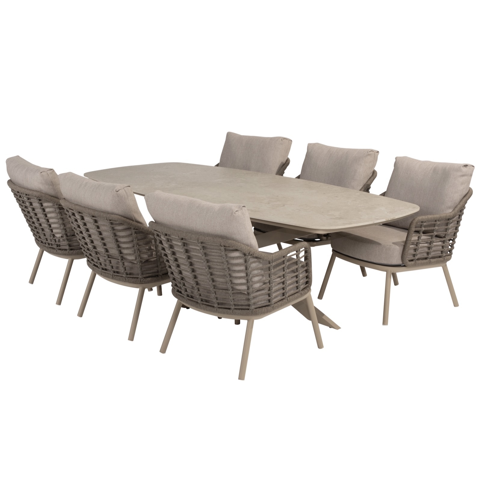 4 Seasons Outdoor Puglia Nevada low dining tuinset 250x105xH69 cm 7 delig deens ovaal keramiek 