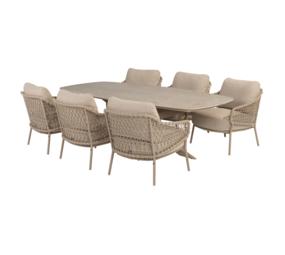 4 Seasons Outdoor Nevada Sardinia barrel low dining tuinset 7 delig 250x105xH69 keramiek sabia panna latte 4 Seasons Outdoor