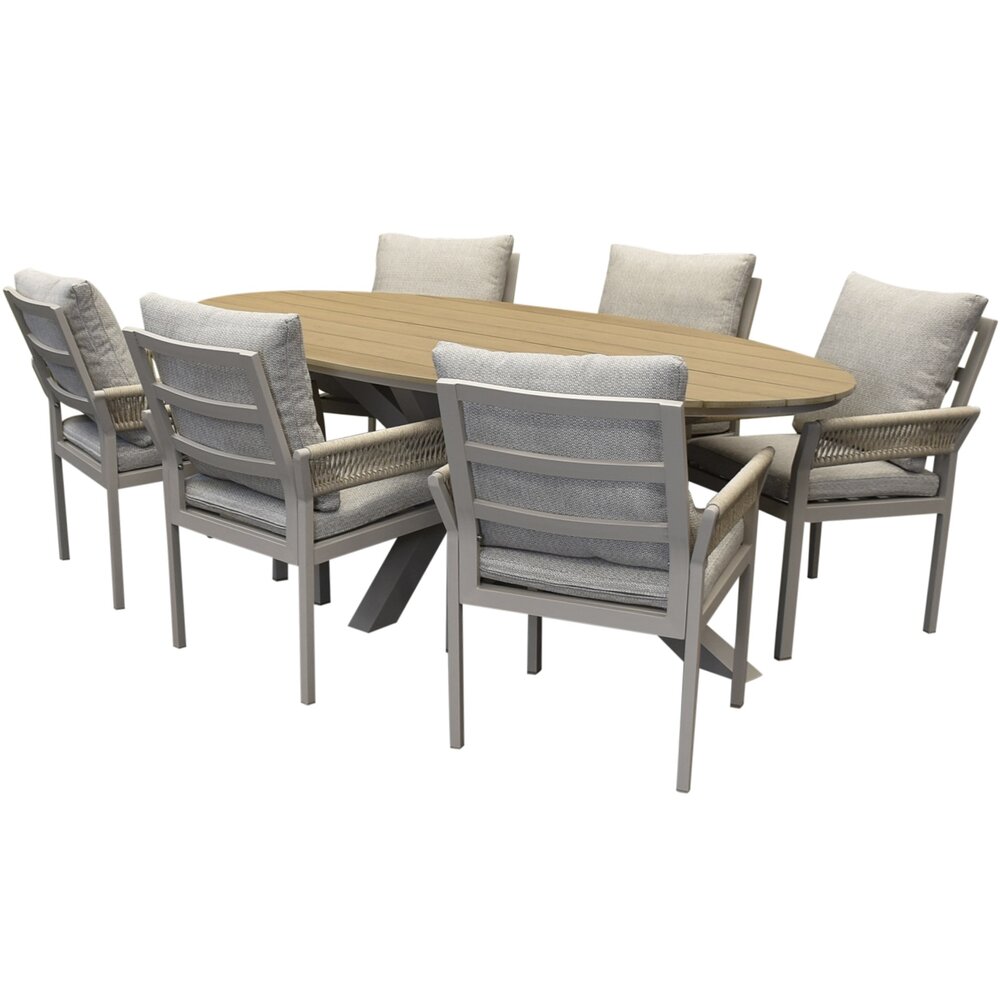 AVH-Collectie Saigon Salvador dining tuinset ovaal 220x115xH75 cm 7 delig polywood zand AVH-Collectie Saigon Salvador dining tuinset ovaal 220x115xH75 cm 7 delig polywood zand