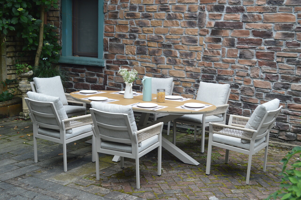 AVH-Collectie Saigon Salvador dining tuinset ovaal 220x115xH75 cm 7 delig polywood zand AVH-Collectie Saigon Salvador dining tuinset ovaal 220x115xH75 cm 7 delig polywood zand