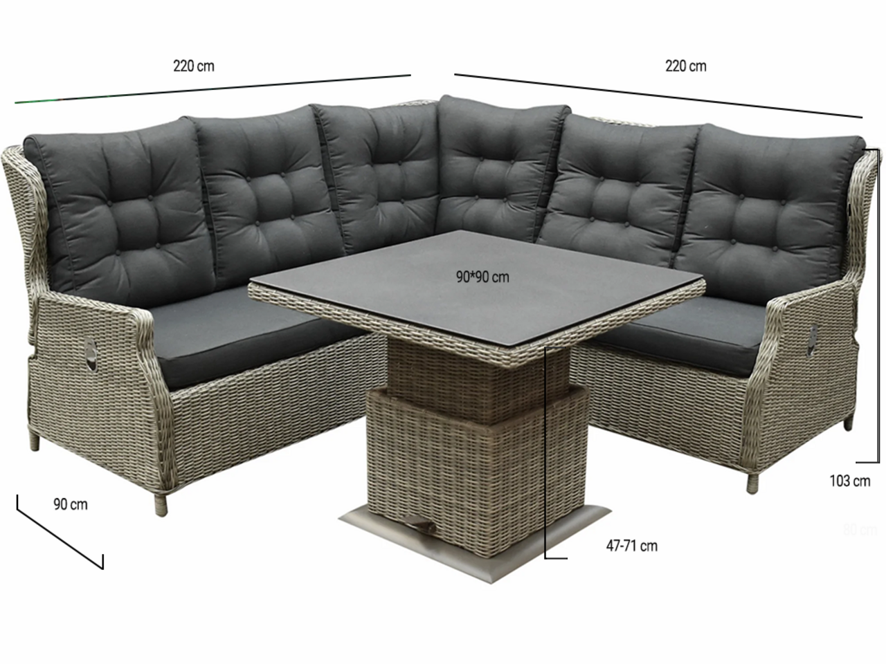 AVH-Collectie Ibiza dining verstelbare hoek loungeset 4 delig grijs met  verstelbare tafel vierkant