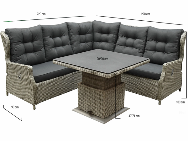 AVH-Collectie Ibiza dining verstelbare hoek loungeset 4 delig grijs met verstelbare tafel vierkant AVH-Collectie Ibiza dining verstelbare hoek loungeset 4 delig grijs met verstelbare tafel vierkant