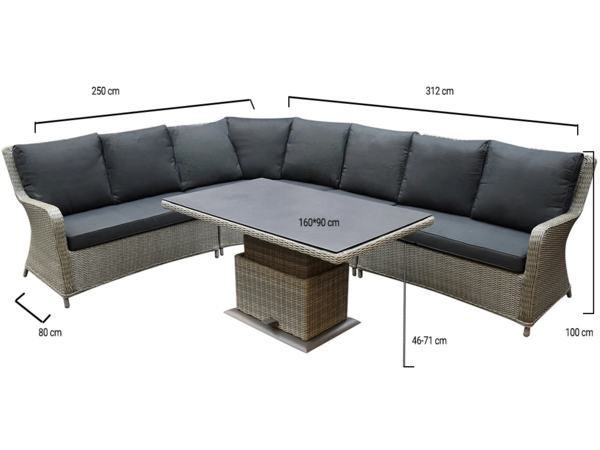 AVH-Collectie Bilbao dining hoek loungeset 5 delig grijs verstelbare tafel AVH-Collectie Bilbao dining hoek loungeset 5 delig grijs verstelbare tafel