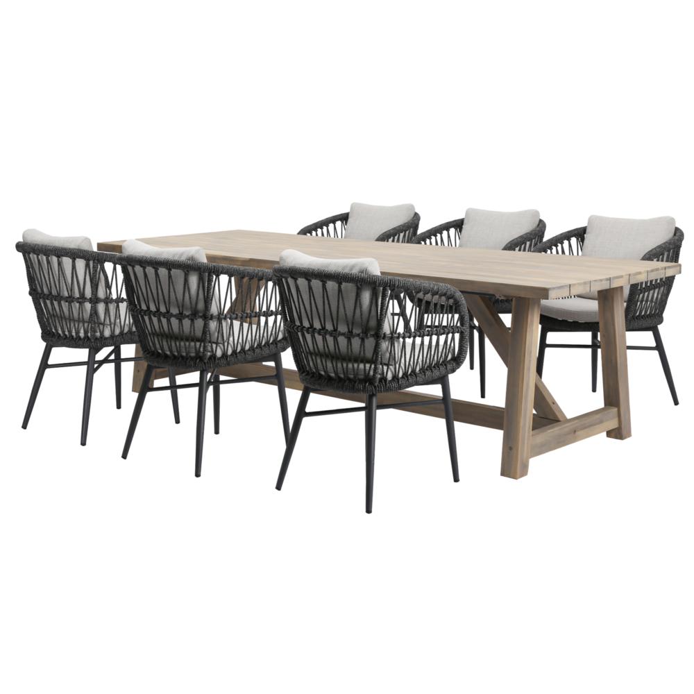 AVH-Collectie Arezzo Ravello dining tuinset 250x100xH76 cm 7 delig antraciet rope acacia