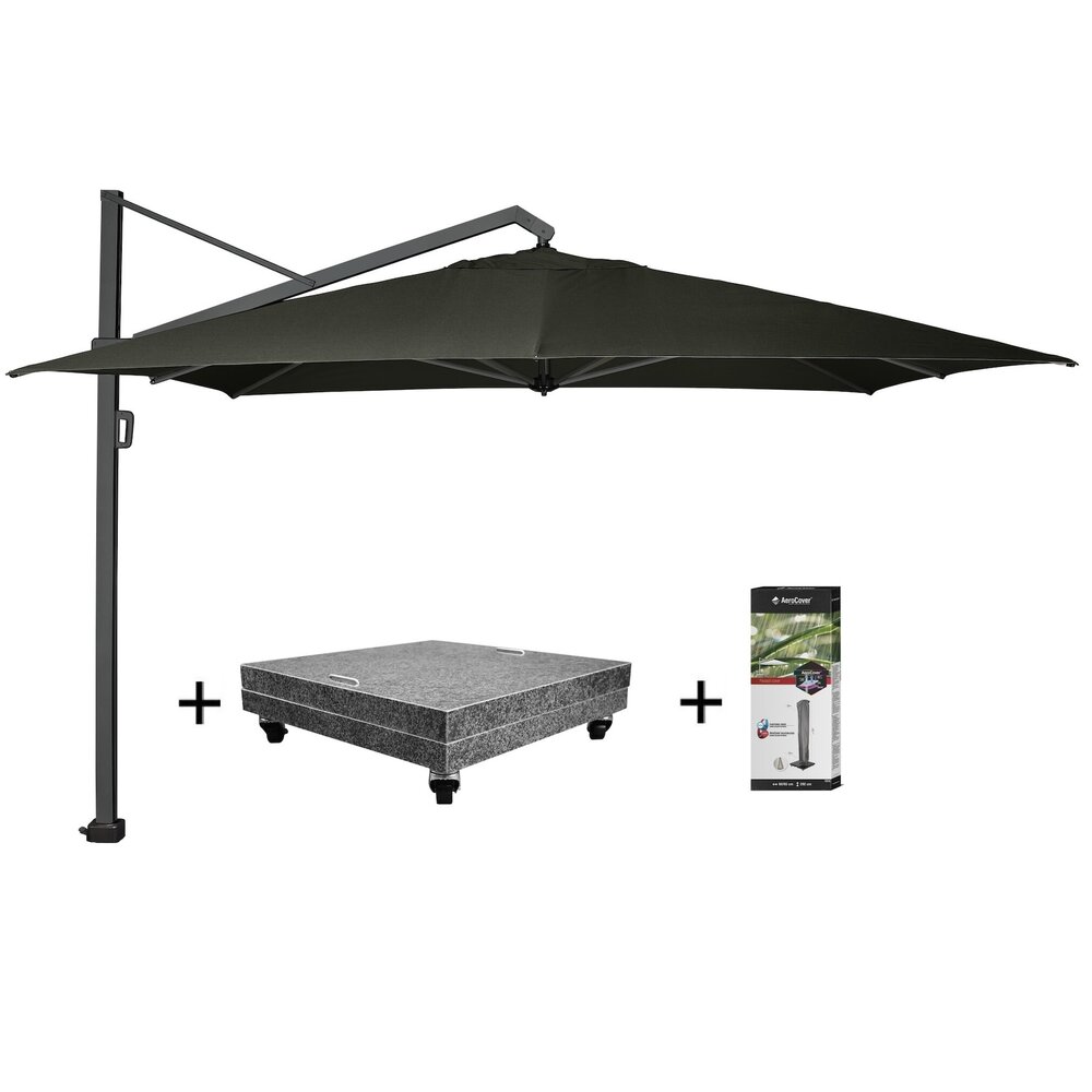 Platinum Icon premium zweefparasol 350x350 cm faded black met 150 KG voet en hoes