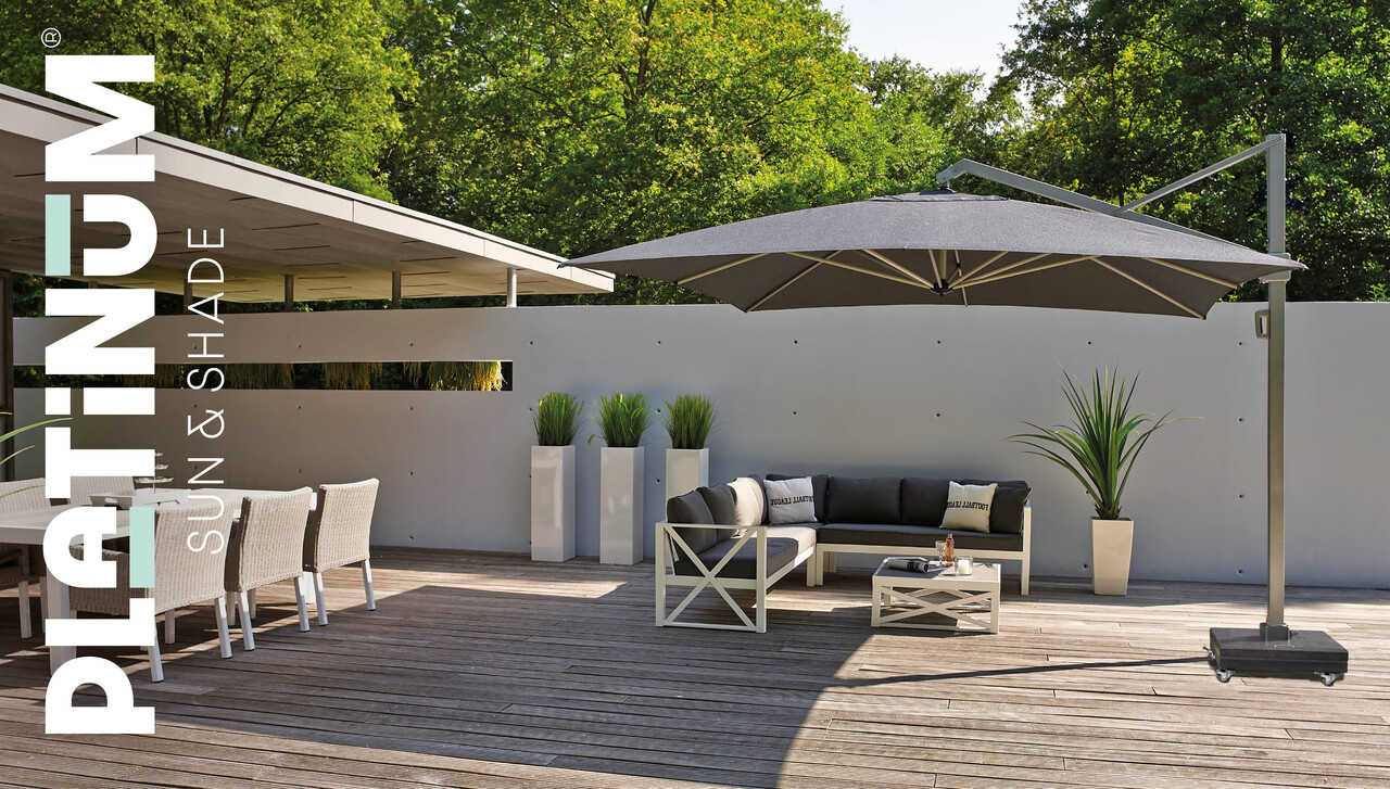 Platinum Icon premium zweefparasol 350x350 cm faded black met 150 KG voet en hoes