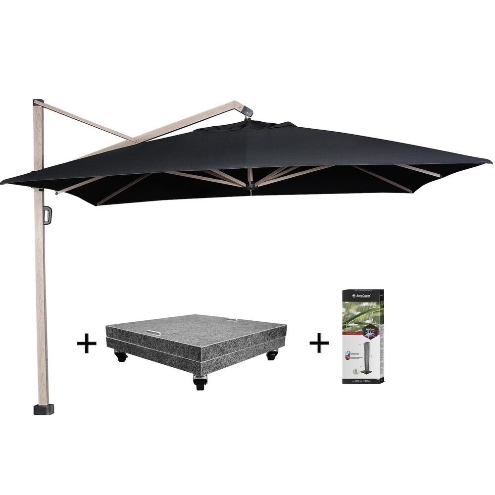 Platinum Icon premium zweefparasol 400x300 cm oak mast faded black met 150 KG voet en hoes