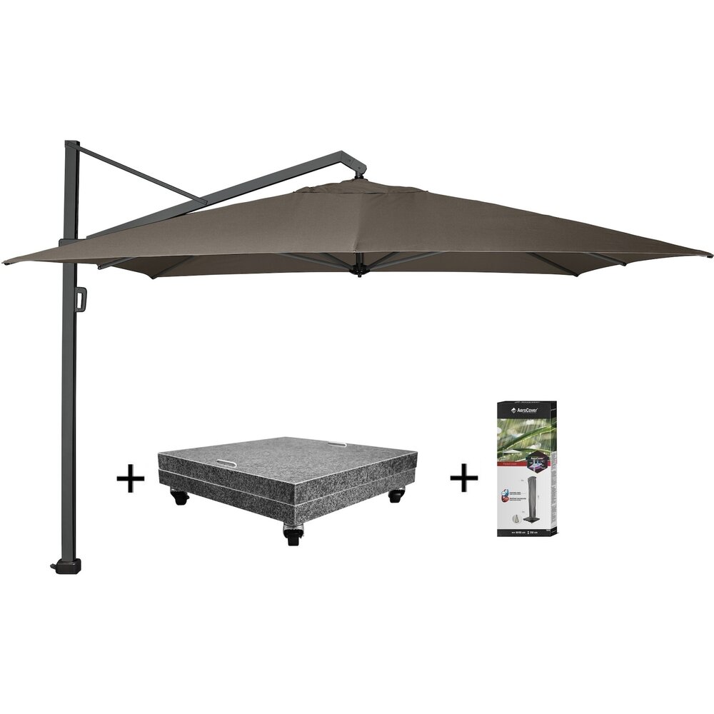 Platinum Icon premium zweefparasol 350x350 cm havanna met 150 KG voet en hoes