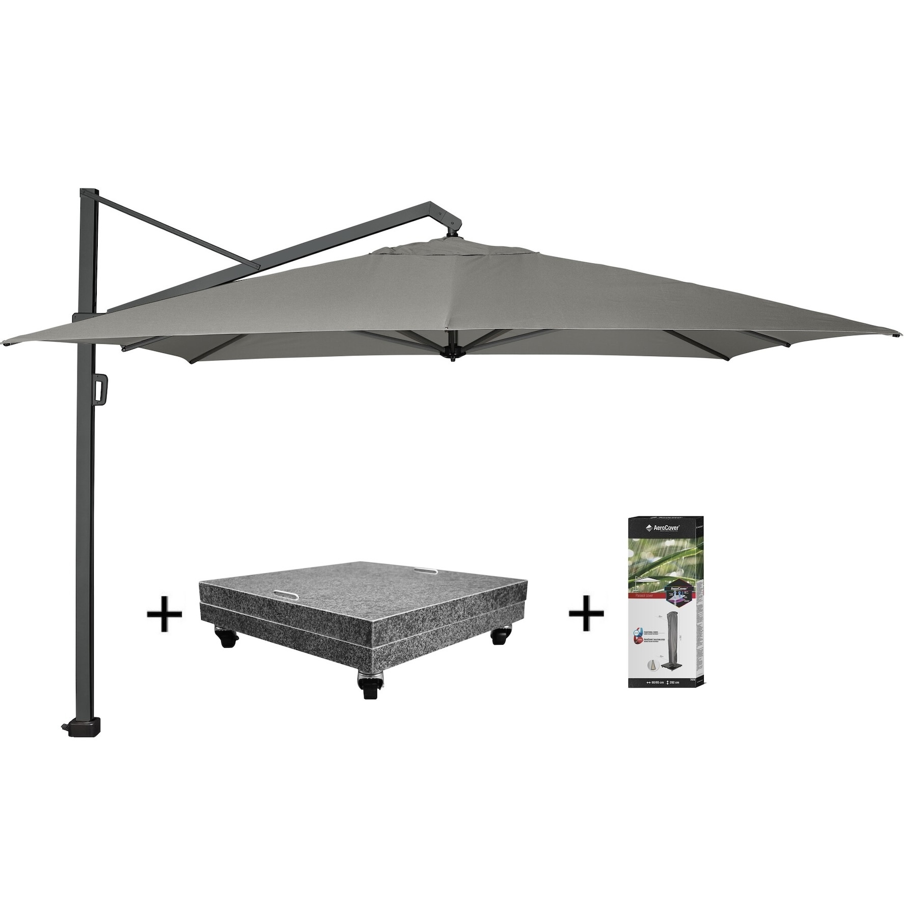 Platinum Icon premium zweefparasol 350x350 cm manhattan met 150 KG voet en hoes