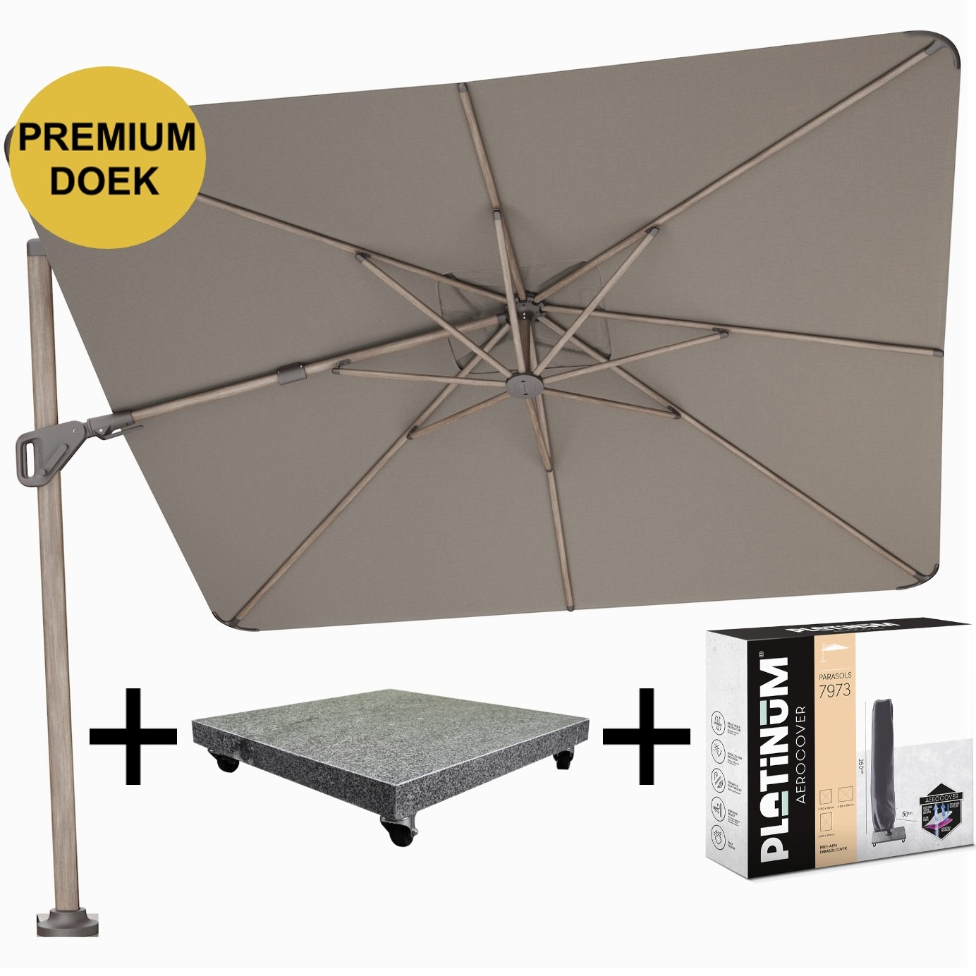 Platinum Nexus T2 premium zweefparasol 300x300 cm mocha mast havana met parasolvoet 90kg en hoes