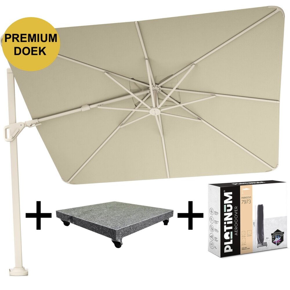 Platinum Nexus T2 premium zweefparasol 300x300 cm sand stone mast Champagne met parasolvoet 90kg en hoes