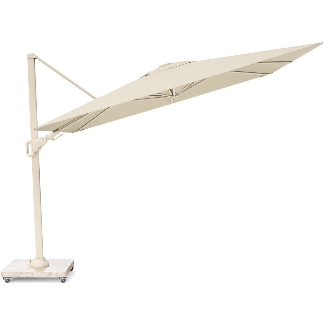 Platinum Nexus T2 premium zweefparasol 300x300 cm sand stone mast Champagne met parasolvoet 90kg en hoes