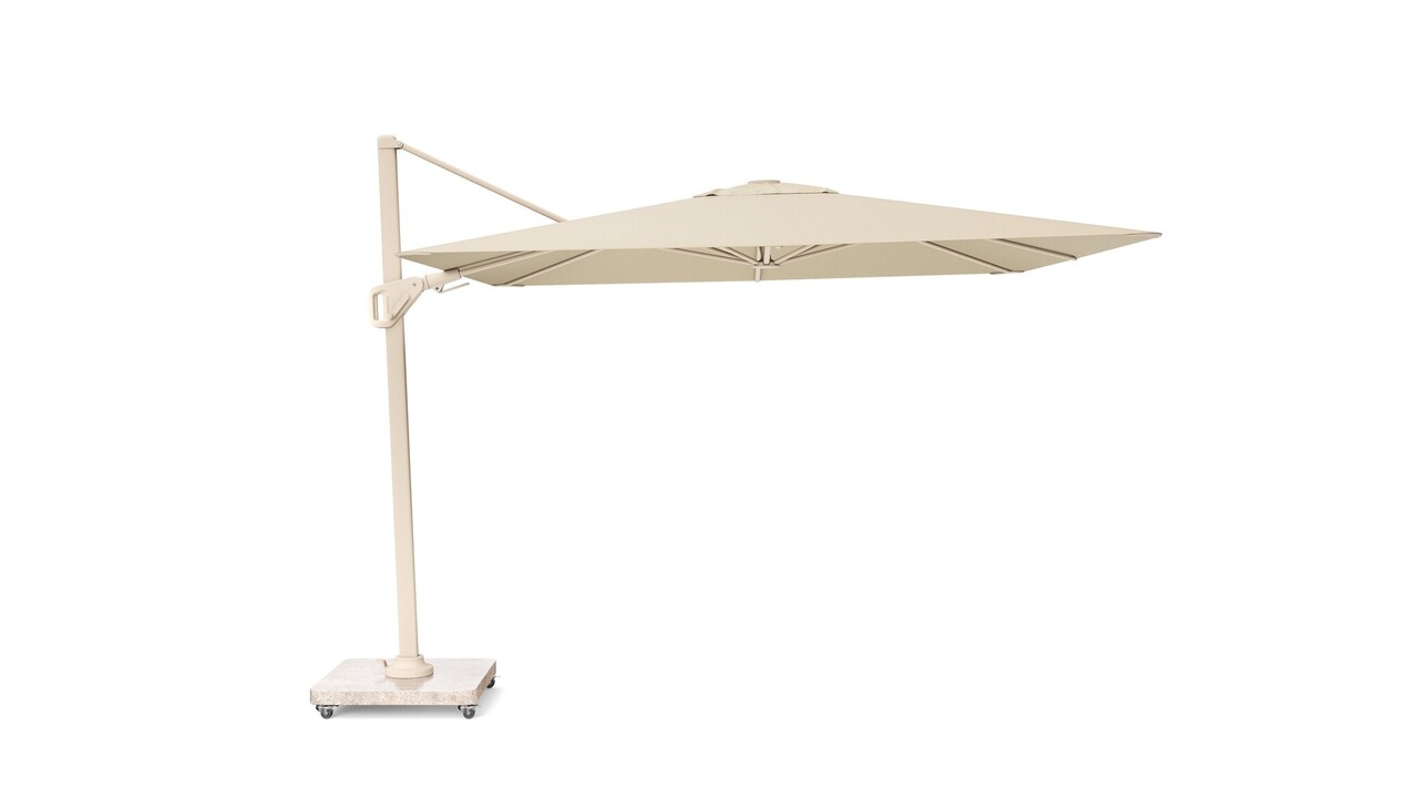 Platinum Nexus T2 premium zweefparasol 300x300 cm sand stone mast Champagne met parasolvoet 90kg en hoes