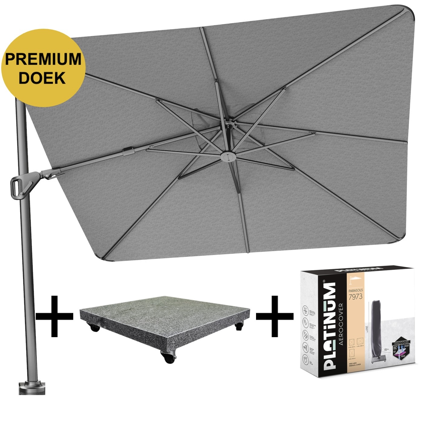 Platinum Nexus T2 premium zweefparasol 300x300 cm Manhattan met parasolvoet 90kg en hoes