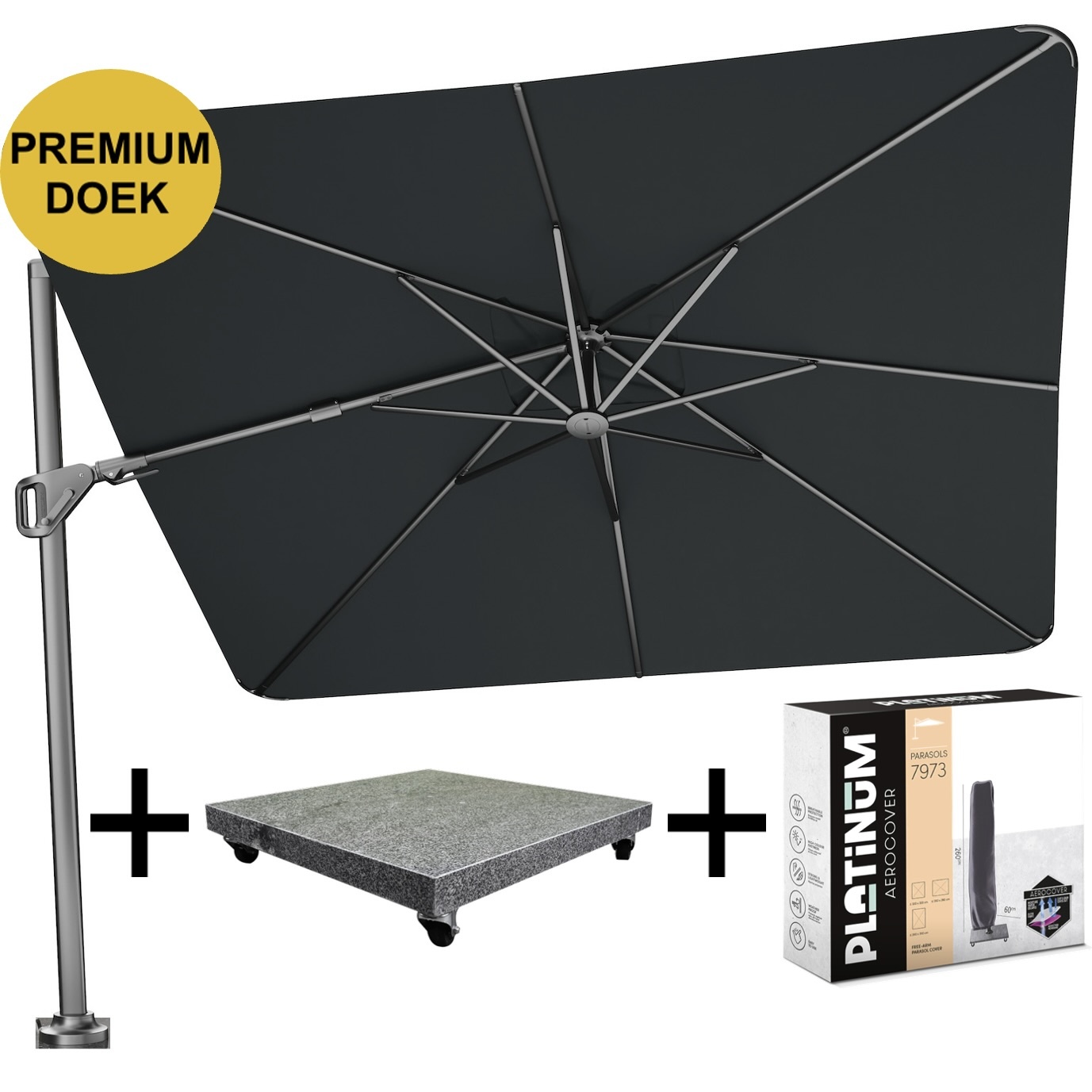 Platinum Nexus T2 premium zweefparasol 300x300 cm Faded Black met parasolvoet 90kg en hoes