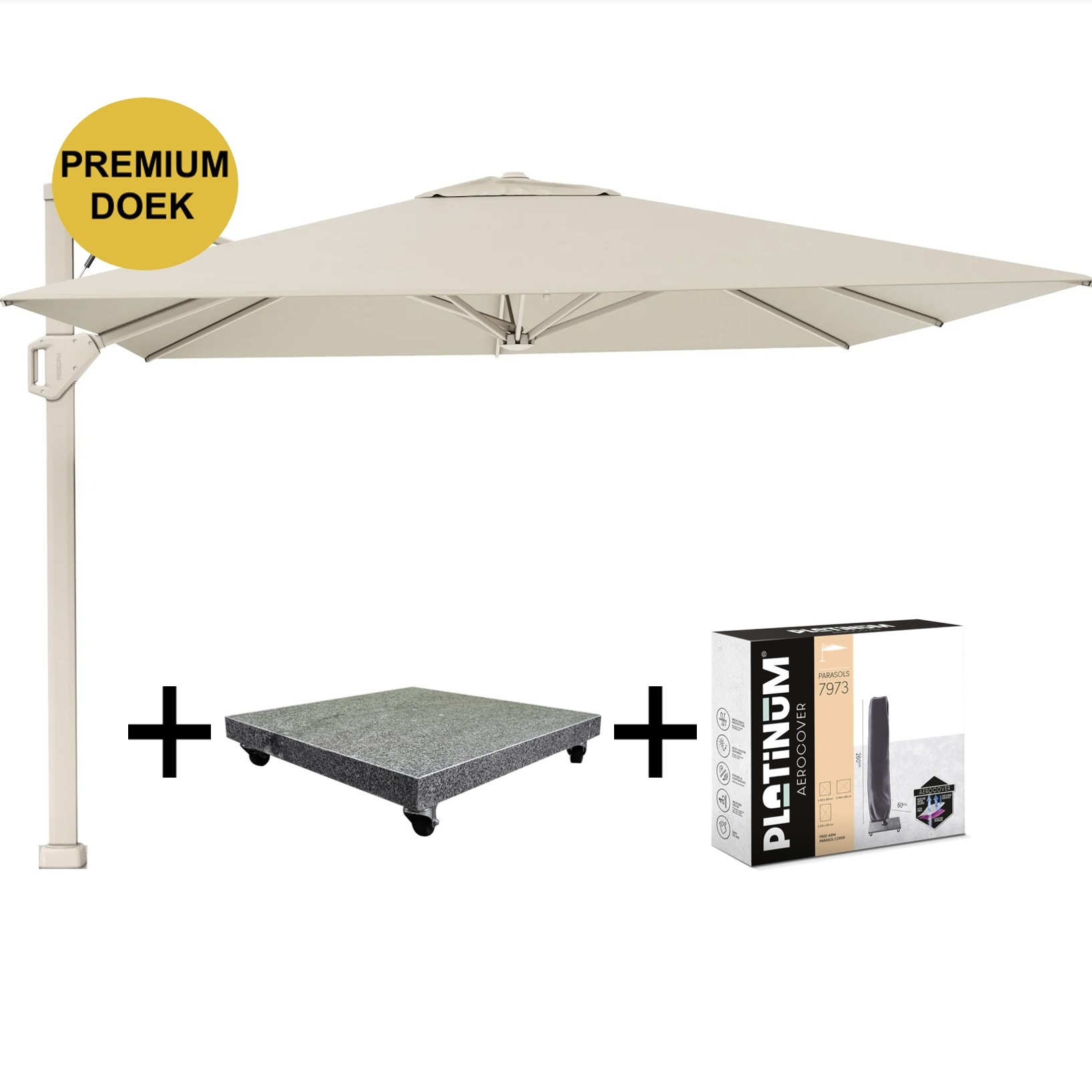 Platinum Beaufort premium zweefparasol 320x320 cm Champagne met parasolvoet 120kg en hoes