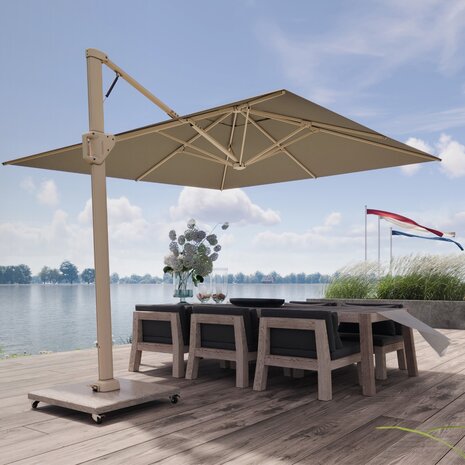 Platinum Beaufort premium zweefparasol 320x320 cm Champagne met parasolvoet 120kg en hoes